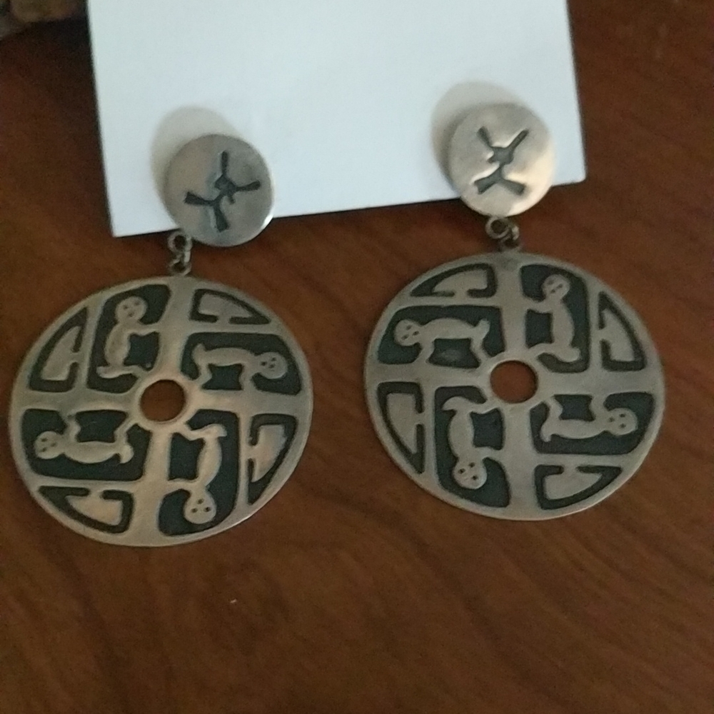 Lg Tribal Sterling Silver Earrings Stamped 925
